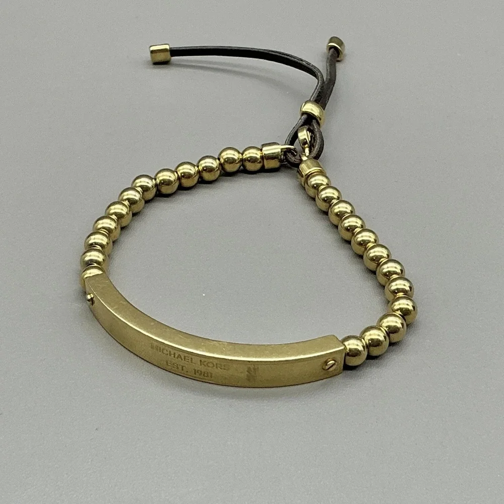 Michael Kors Bracelet Gold Tone Beaded ID Bar Leather Bolo Womens Jewelry‎ 7